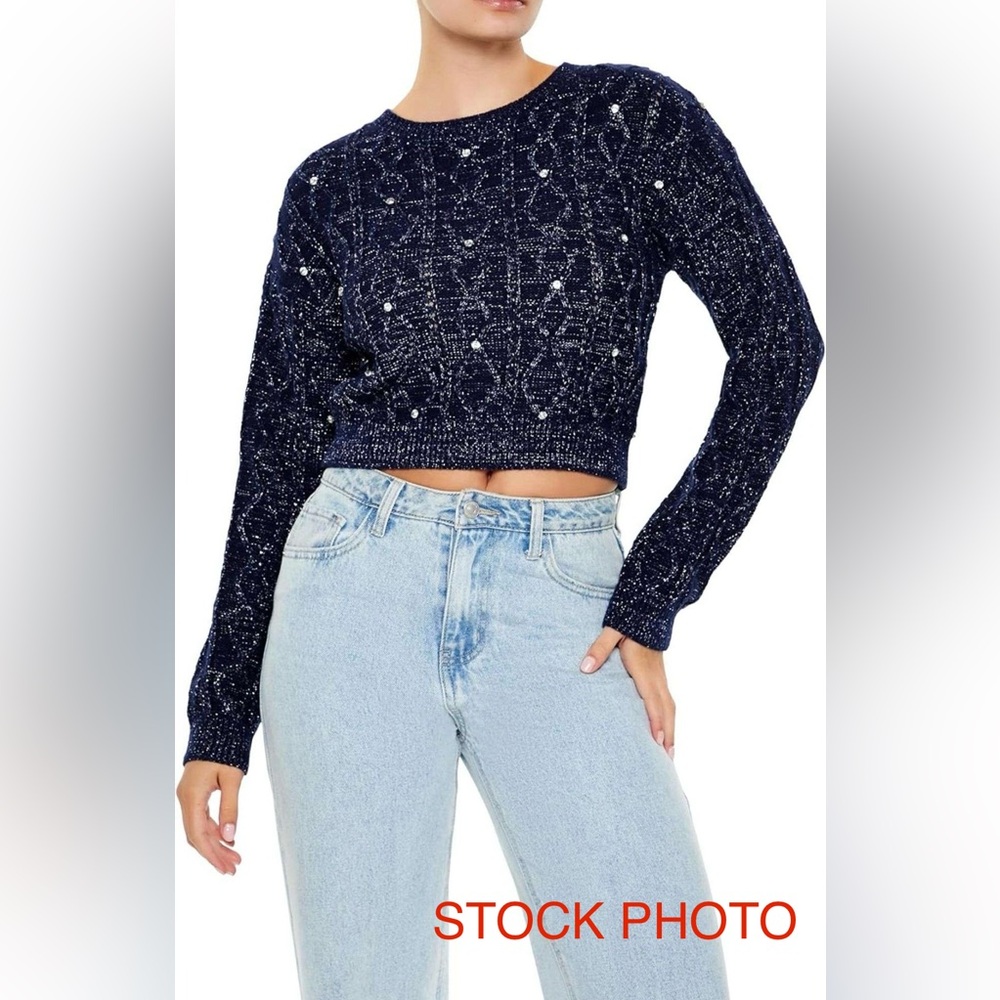 Forever 21 Deep Blue Glitter Knit Sweater with rhinestone embellishments- M, NWT